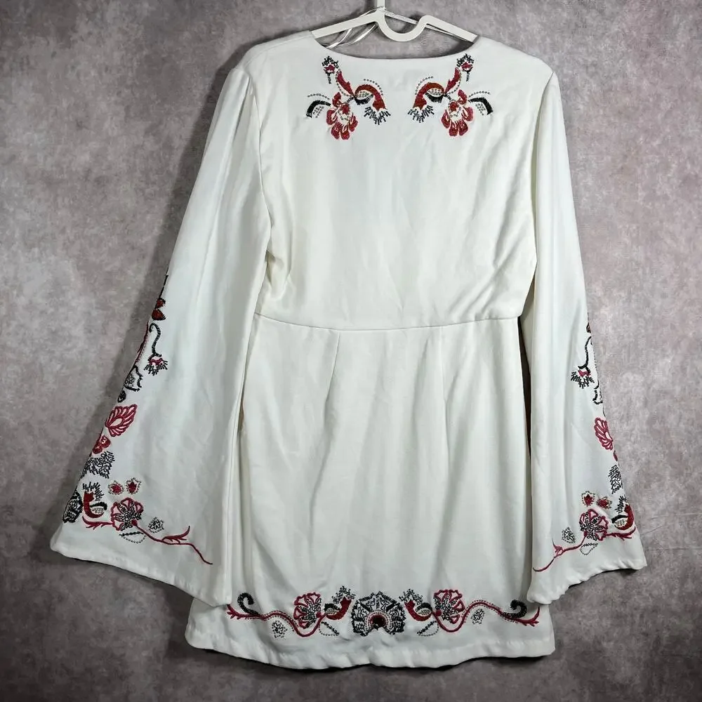 Free People Holiday Folk Mini Dress Womens 4‎ Ivory Embroidered Boho Festival
